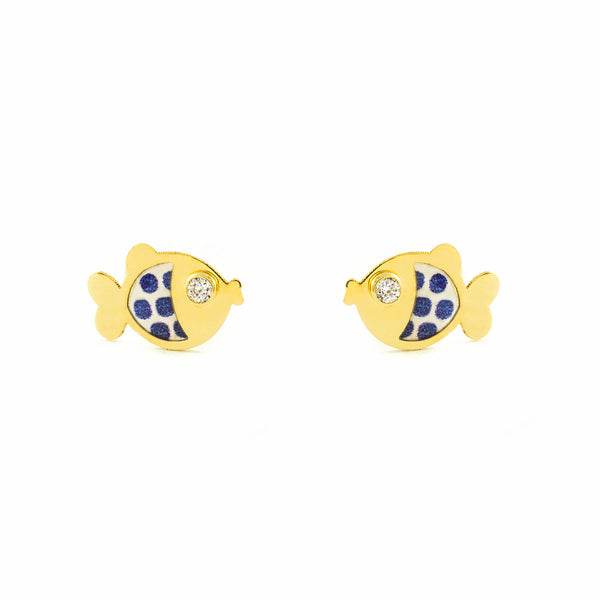 Boucles d'Oreilles Bebe Fille Enfant Émail bleu Poisson Zircone Or Jaune 9 Carats