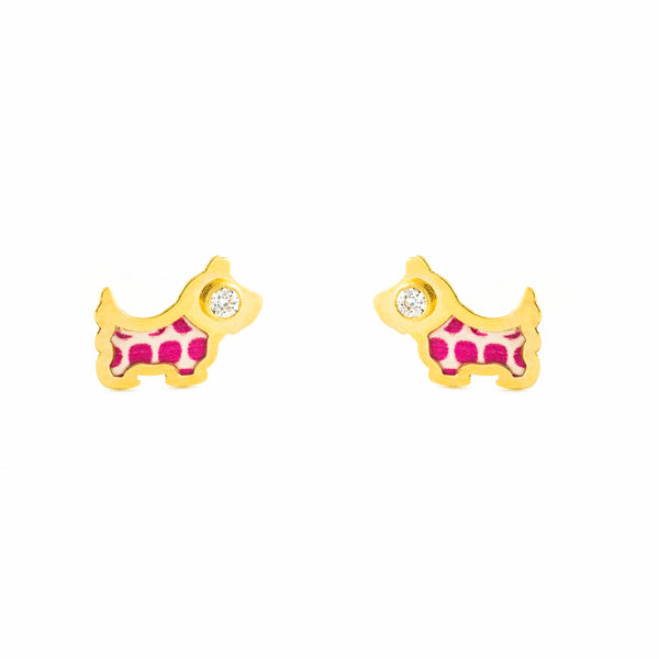 Boucles d'Oreilles Bebe Fille Enfant Émail rose Chien Zircone Or Jaune 9 Carats