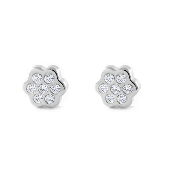 Boucles d'Oreilles Fille Enfant marguerite fleur Zircone Or Blanc 9 Carats