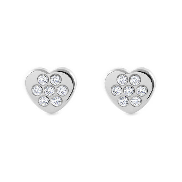 Boucles d'Oreilles Fille Enfant Cœur Zircone Or Blanc 9 Carats