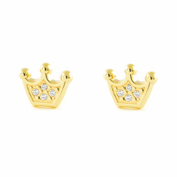 Boucles d'Oreilles Fille Enfant couronner Zircone Or Jaune 9 Carats