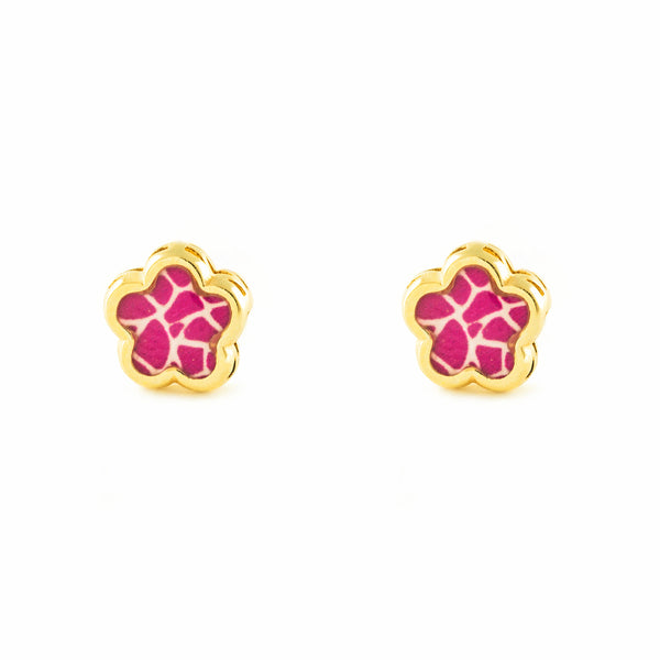 Boucles d'Oreilles Fille Enfant Émail rose Fleur Or Jaune 9 Carats