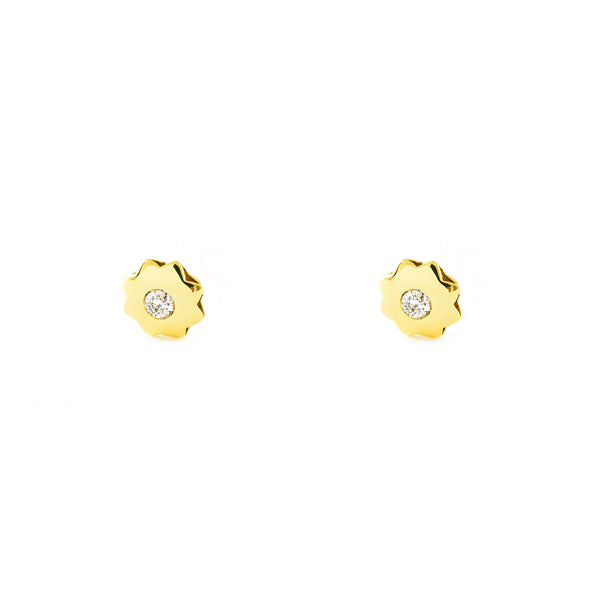 Boucles d'Oreilles Bebe Enfant Fleur Zircone Or Jaune 9 Carats