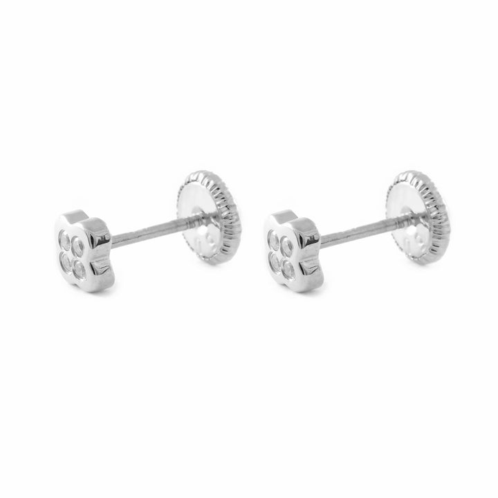 Pendientes Bebe Oro Blanco Flor 4 Petalos con Circonitas