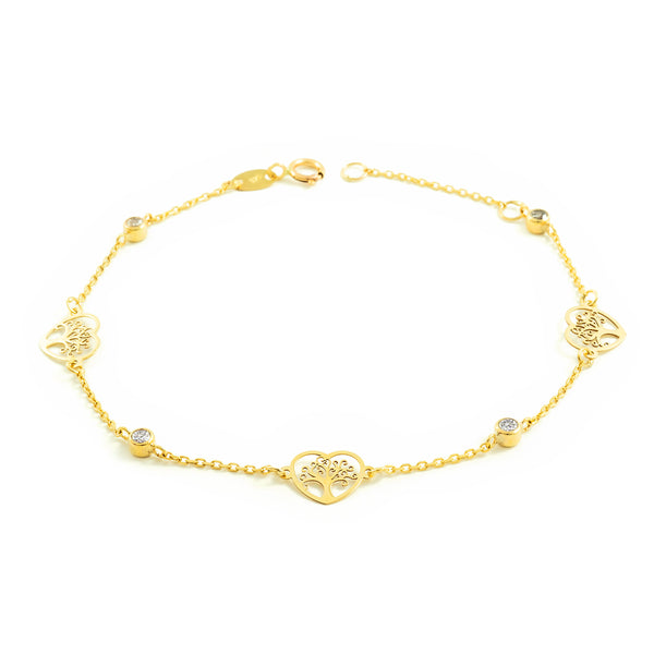 Bracelet Femme Fille Or Jaune 9 Carats Arbre de la Vie Circonite Brillant 18 cm