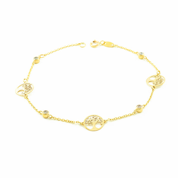 Bracelet Femme Fille Or Jaune 9 Carats Arbre de la Vie Circonite Brillant 18 cm