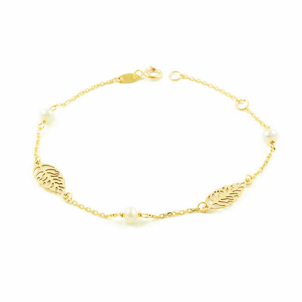 Bracelet Femme Fille Or Jaune 9 Carats Perle Ronde 3,5 mm Feuilles Brillant 18 cm