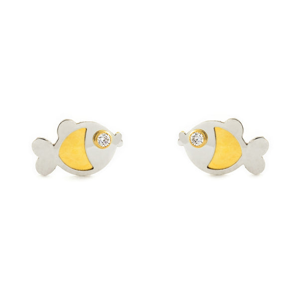 Boucles d'Oreilles Fille Enfant Poisson Zircone Or Bicolore 9 carats mates et brillantes