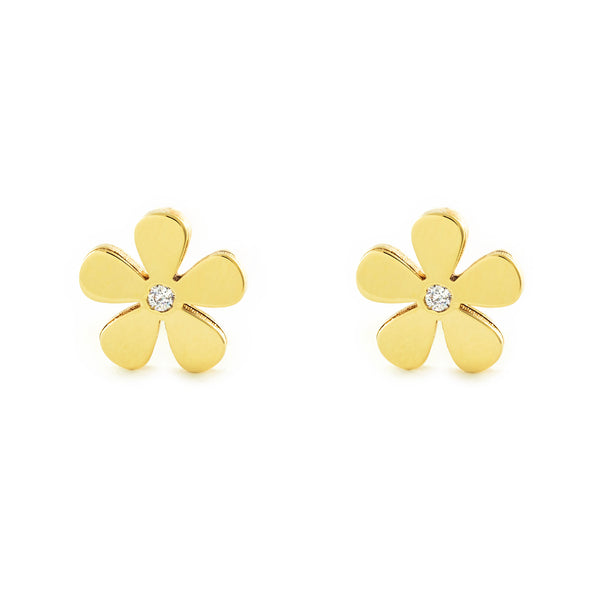 Boucles d'Oreilles Fille Enfant Fleur Zircone Or Jaune 9 Carats