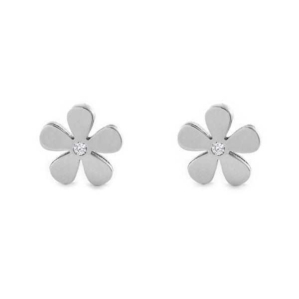 Boucles d'Oreilles Fille Enfant Fleur Zircone Or Blanc 9 Carats