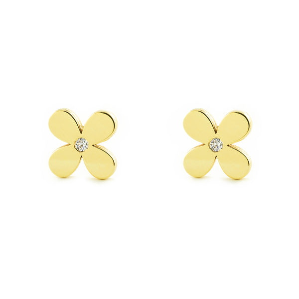 Boucles d'Oreilles Fille Enfant Fleur Zircone Or Jaune 9 Carats