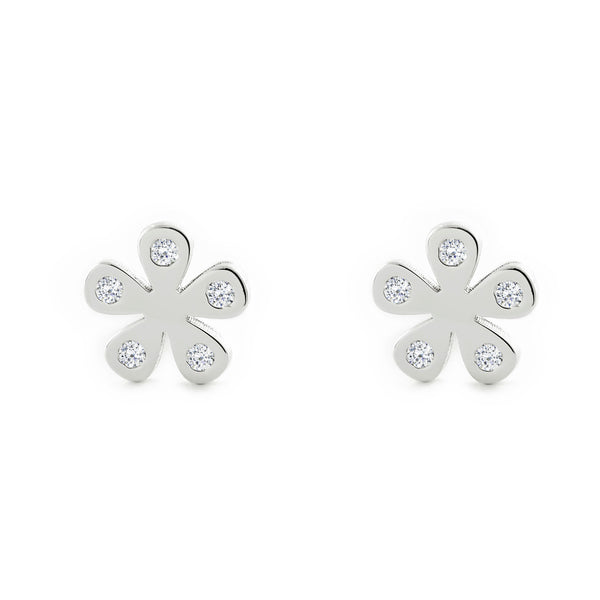 Boucles d'Oreilles Fille Enfant Fleur Zircone Or Blanc 9 Carats