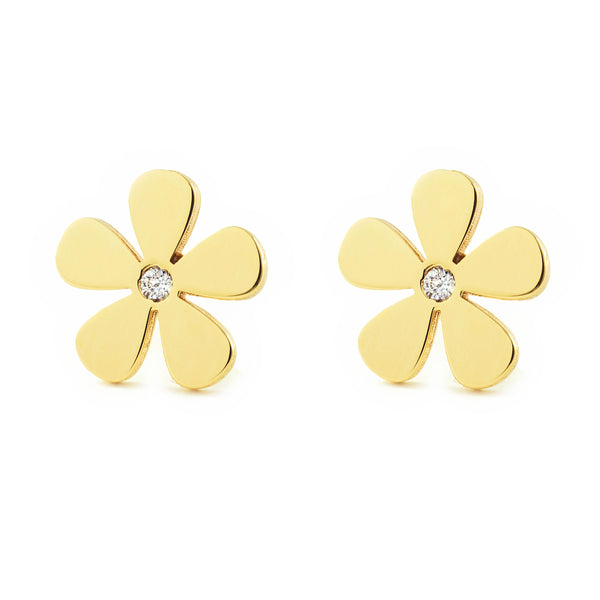 Boucles d'Oreilles Fleur Zircone Or Jaune 9 Carats