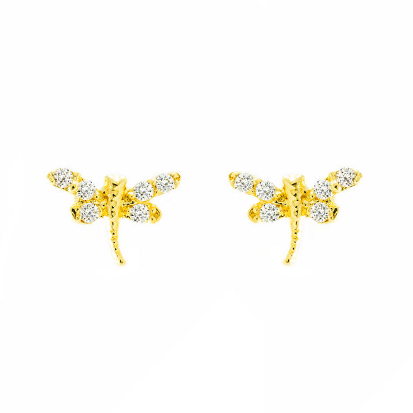 Boucles d'Oreilles Libellule Zircone Or Jaune 9 Carats