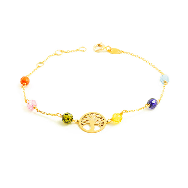 Bracelet Femme Fille Or Jaune 9 Carats Arbre de la Vie Multicolore Brillant 16 cm