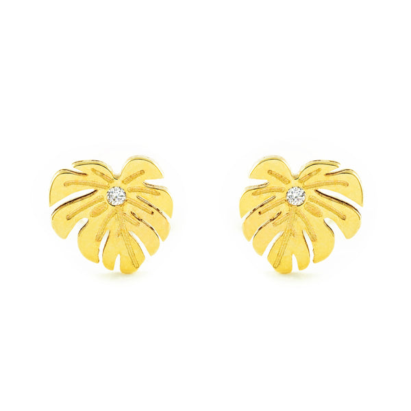 Boucles d'Oreilles Fille Enfant Feuille Zircone Or Jaune 9 carats mates et brillantes