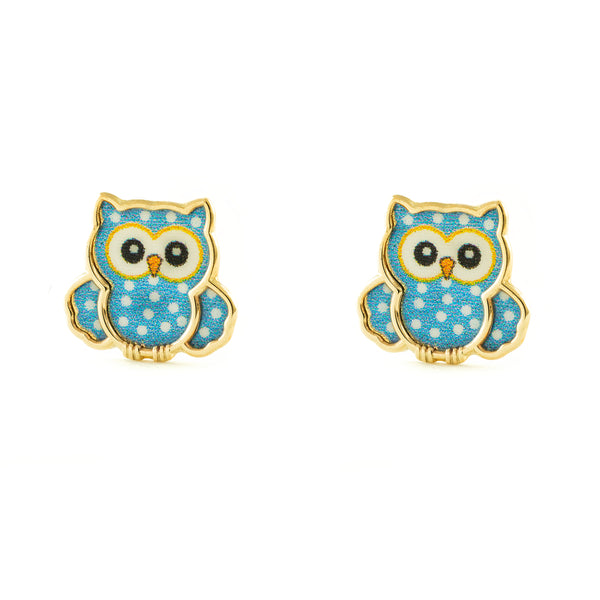 Boucles d'Oreilles Fille Enfant Émail bleu Hibou Or Jaune 9 Carats