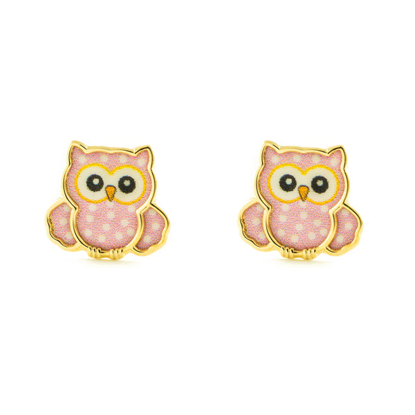 Boucles d'Oreilles Fille Enfant Émail rose clair Hibou Or Jaune 9 Carats