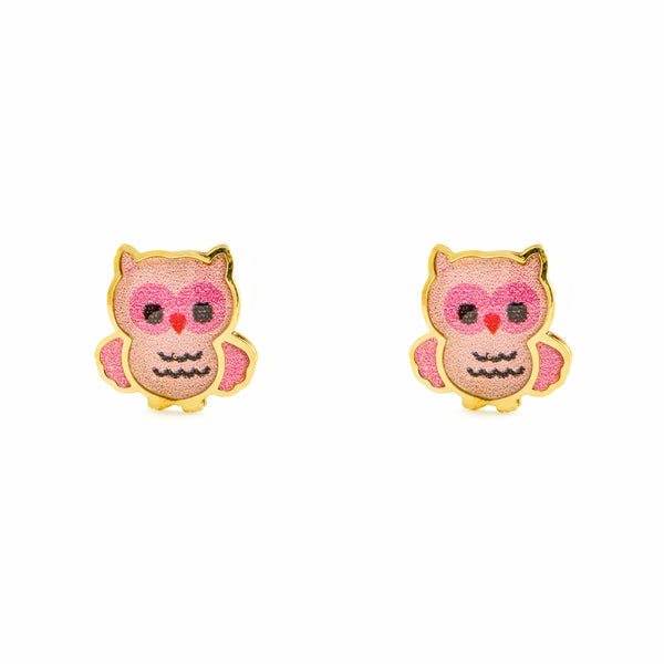 Boucles d'Oreilles Fille Enfant Émail rose Hibou Or Jaune 9 Carats