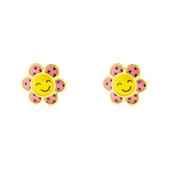 Boucles d'Oreilles Fille Enfant Émail multicolore Fleur Or Jaune 9 Carats