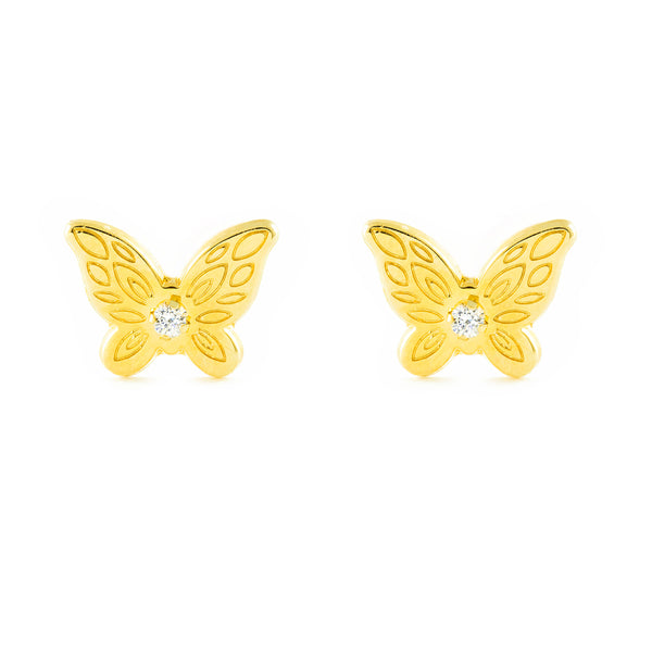 Boucles d'Oreilles Fille Enfant Papillon Zircone Or Jaune 9 Carats