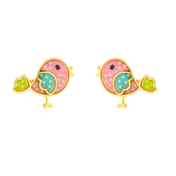 Boucles d'Oreilles Fille Enfant Émail multicolore Oiseau Or Jaune 9 Carats