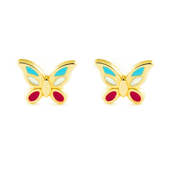 Boucles d'Oreilles Fille Enfant Émail multicolore Papillon Or Jaune 9 Carats