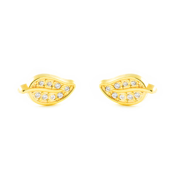 Boucles d'Oreilles Fille Enfant Feuille Zircone Or Jaune 9 Carats