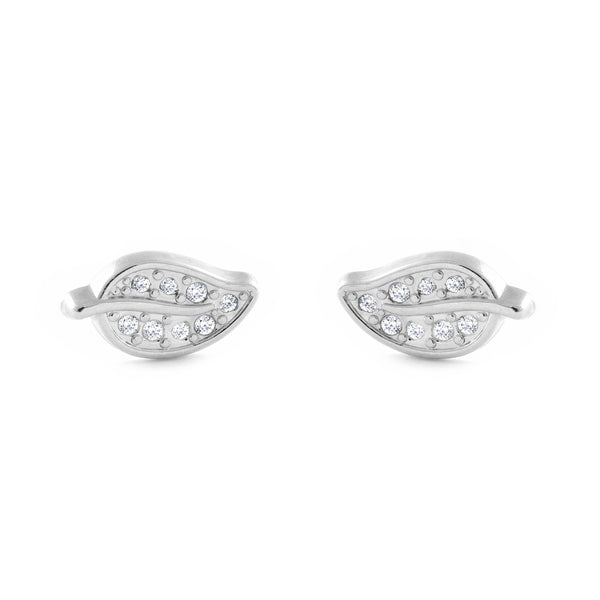 Boucles d'Oreilles Fille Enfant Feuille Zircone Or Blanc 9 Carats