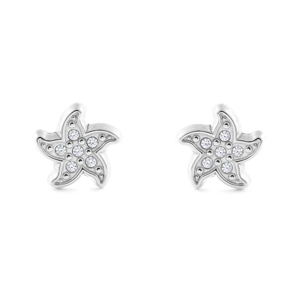 Boucles d'Oreilles Fille Enfant Étoile Zircone Or Blanc 9 Carats