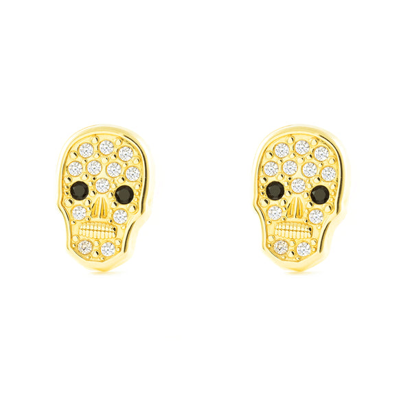 Boucles d'Oreilles Fille Enfant Skull Catrina Zircone Or Jaune 9 Carats