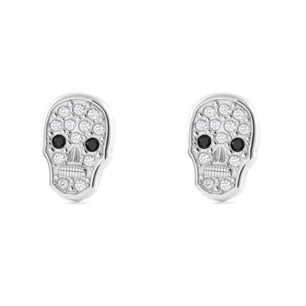 Boucles d'Oreilles Fille Enfant Skull Catrina Zircone Or Blanc 9 Carats