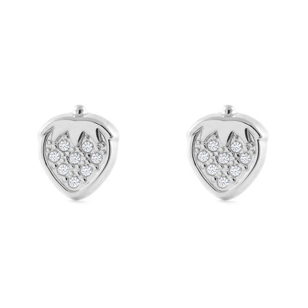 Boucles d'Oreilles Fille Enfant Fraises Zircone Or Blanc 9 Carats