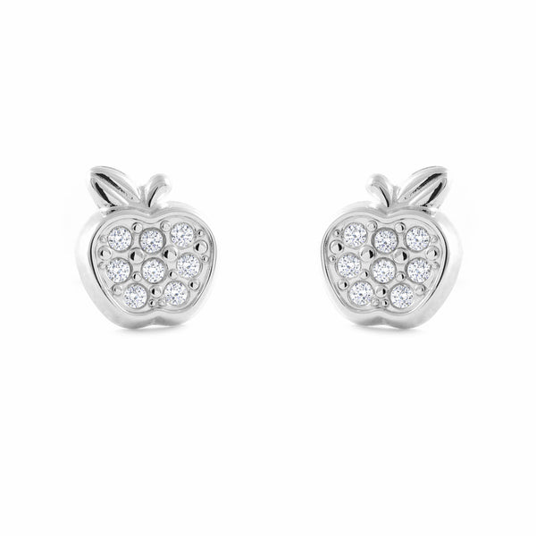 Boucles d'Oreilles Fille Enfant Pomme Zircone Or Blanc 9 Carats