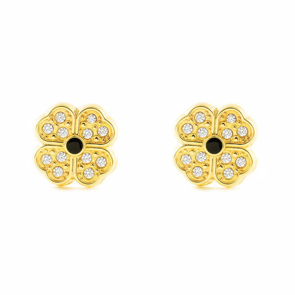 Boucles d'Oreilles Fille Enfant Fleur de Cœur Zircone Or Jaune 9 Carats