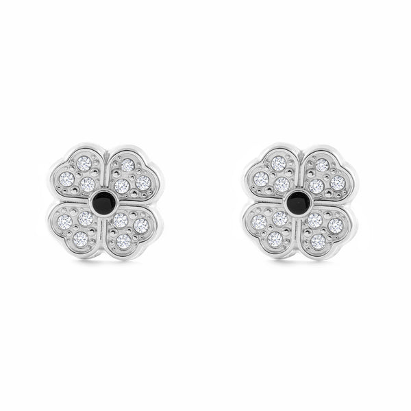 Boucles d'Oreilles Fille Enfant Fleur de Cœur Zircone Or Blanc 9 Carats