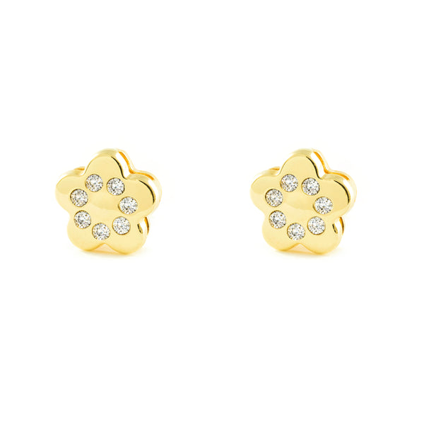 Boucles d'Oreilles Fille Enfant marguerite fleur Zircone Or Jaune 9 Carats