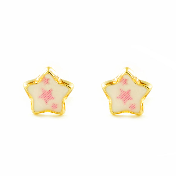 Boucles d'Oreilles Fille Enfant Émail rose-blanc Étoile Or Jaune 9 Carats