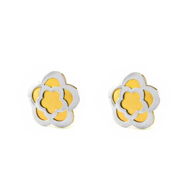 Boucles d'Oreilles Fille Enfant marguerite fleur Or Bicolore 18 carats mates et brillantes