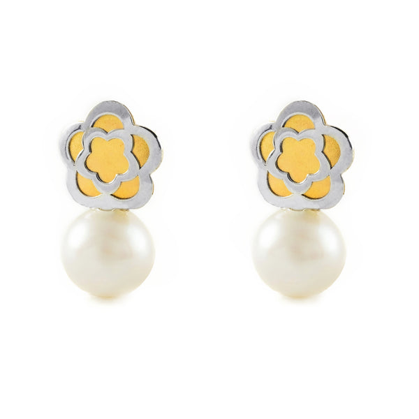 Boucles d'Oreilles Fille Enfant marguerite fleur Perle 5 mm Or Bicolore 9 carats mates et brillantes