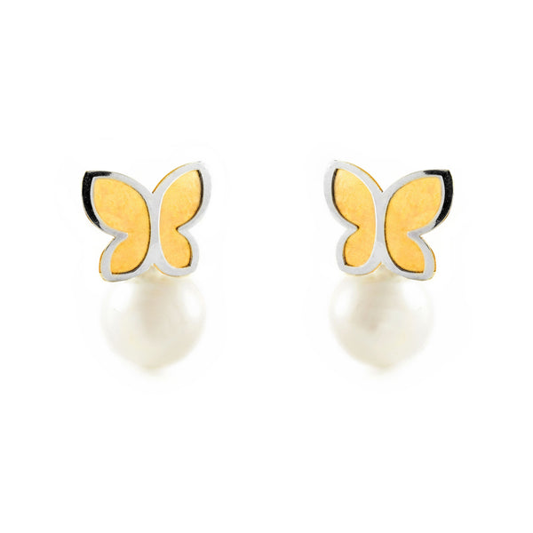 Boucles d'Oreilles Fille Enfant Papillon Perle 5 mm Or Bicolore 18 carats mates et brillantes