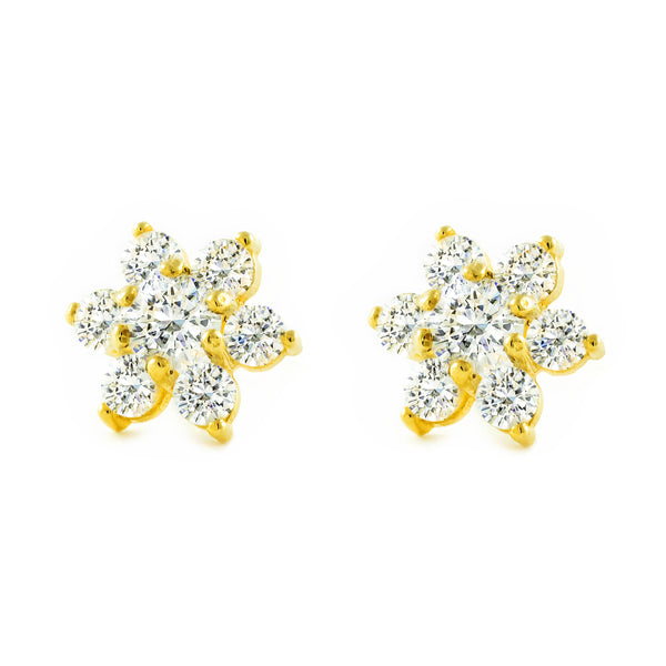 Boucles d'Oreilles Fleur Zircone Or Jaune 9 Carats