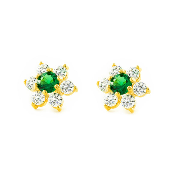 Boucles d'Oreilles Fleur Émeraude Zircone Or Jaune 9 Carats