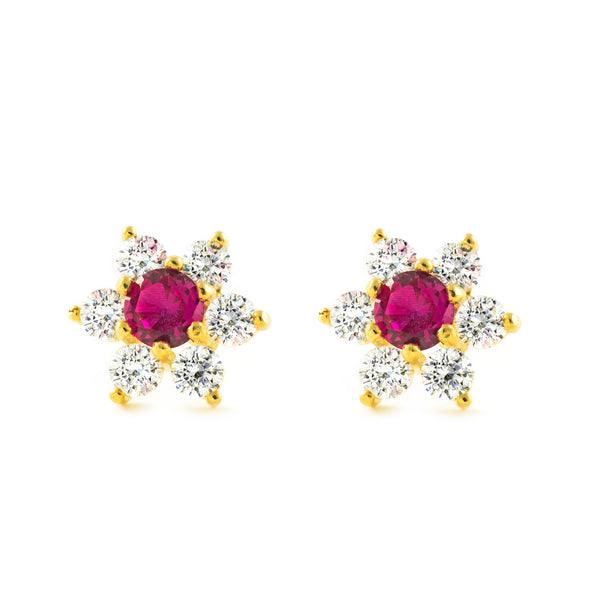 Boucles d'Oreilles Fleur Rubis Zircone Or Jaune 9 Carats