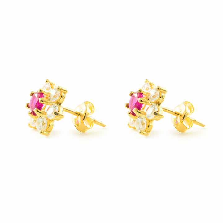 Pendientes Mujer/Niña Oro 9k Flor Circonita Rubi