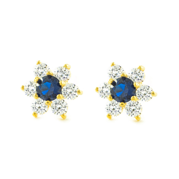 Boucles d'Oreilles Fleur Saphir Zircone Or Jaune 9 Carats