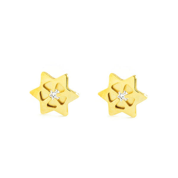 Boucles d'Oreilles Fille Enfant Étoile Zircone Or Jaune 9 carats mates et brillantes