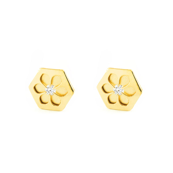 Boucles d'Oreilles Fille Enfant Hexagone Zircone Or Jaune 9 carats mates et brillantes