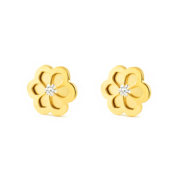 Boucles d'Oreilles Fille Enfant marguerite fleur Zircone Or Jaune 9 carats mates et brillantes