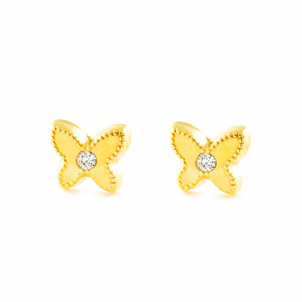 Boucles d'Oreilles Bebe Fille Enfant Papillon Zircone Or Jaune 9 carats texturees